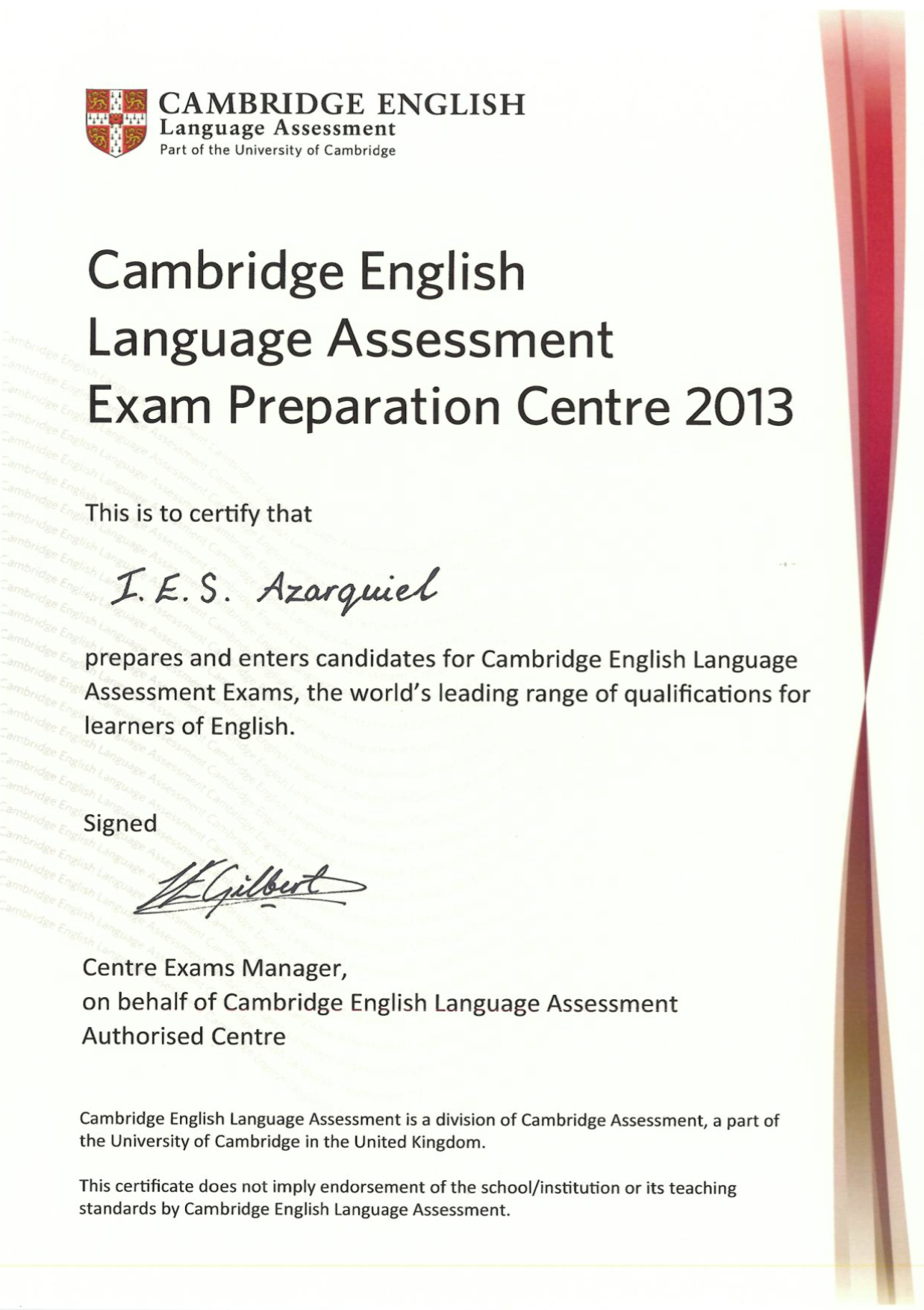 Certify Azarquiel Cambrige Centre